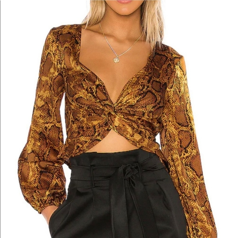 Revolve Superdown Raquel Sexy Snakeskin Twist Front Long Sleeve Silky Party Top